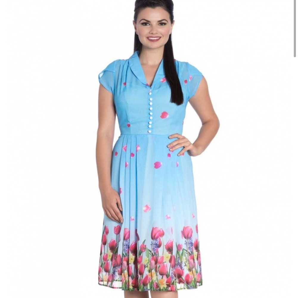 Hell Bunny Bethany Blue Pink Tulips and Yellow Daffodils Dress 4X